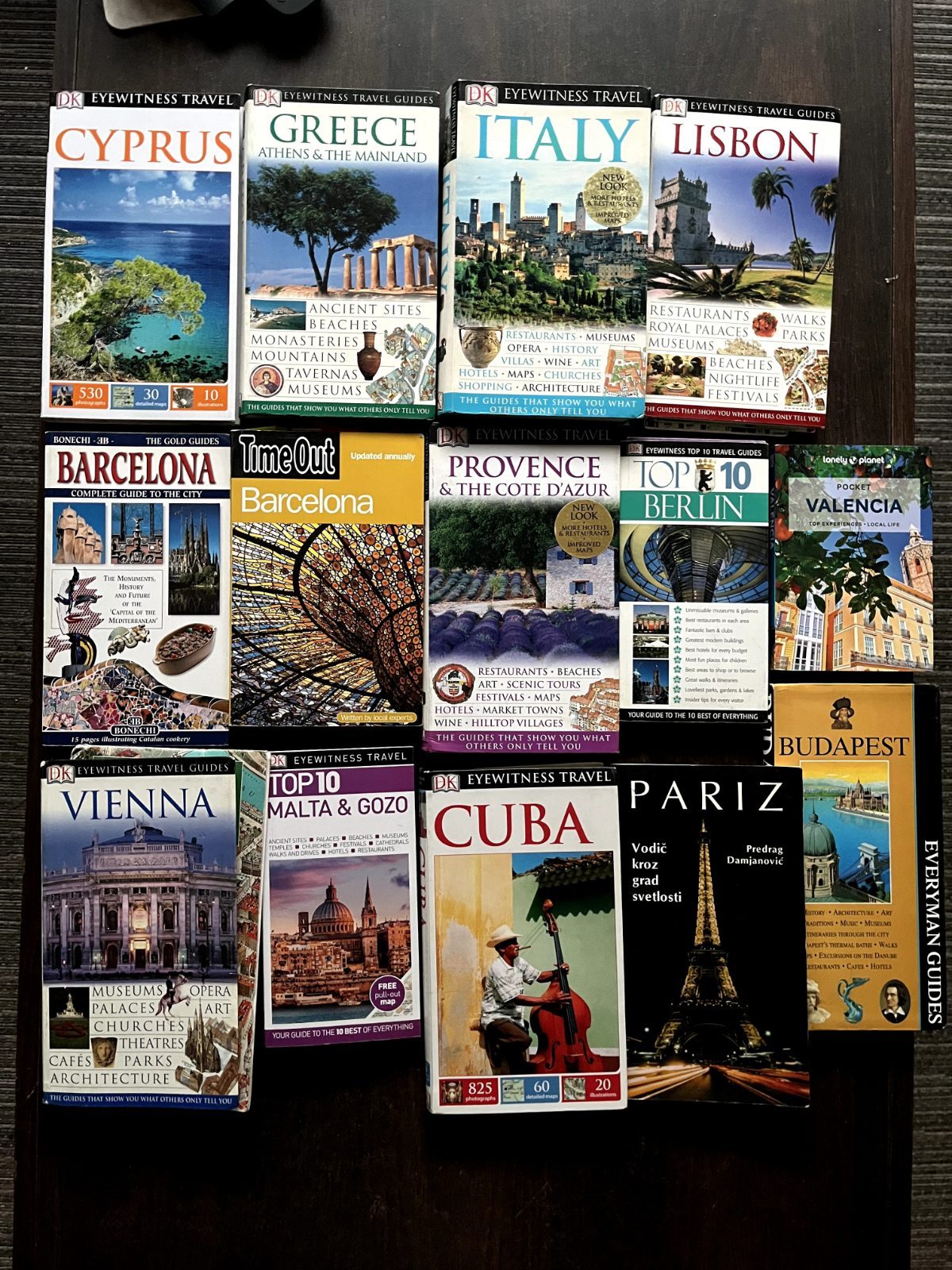 DK travel guidebooks (Cyprus, Greece, Italy, Lisbon, Barcelona, Provence, Berlin, Valencia, Vienna, Malta & Gozo, Cuba, Paris, Budapest)